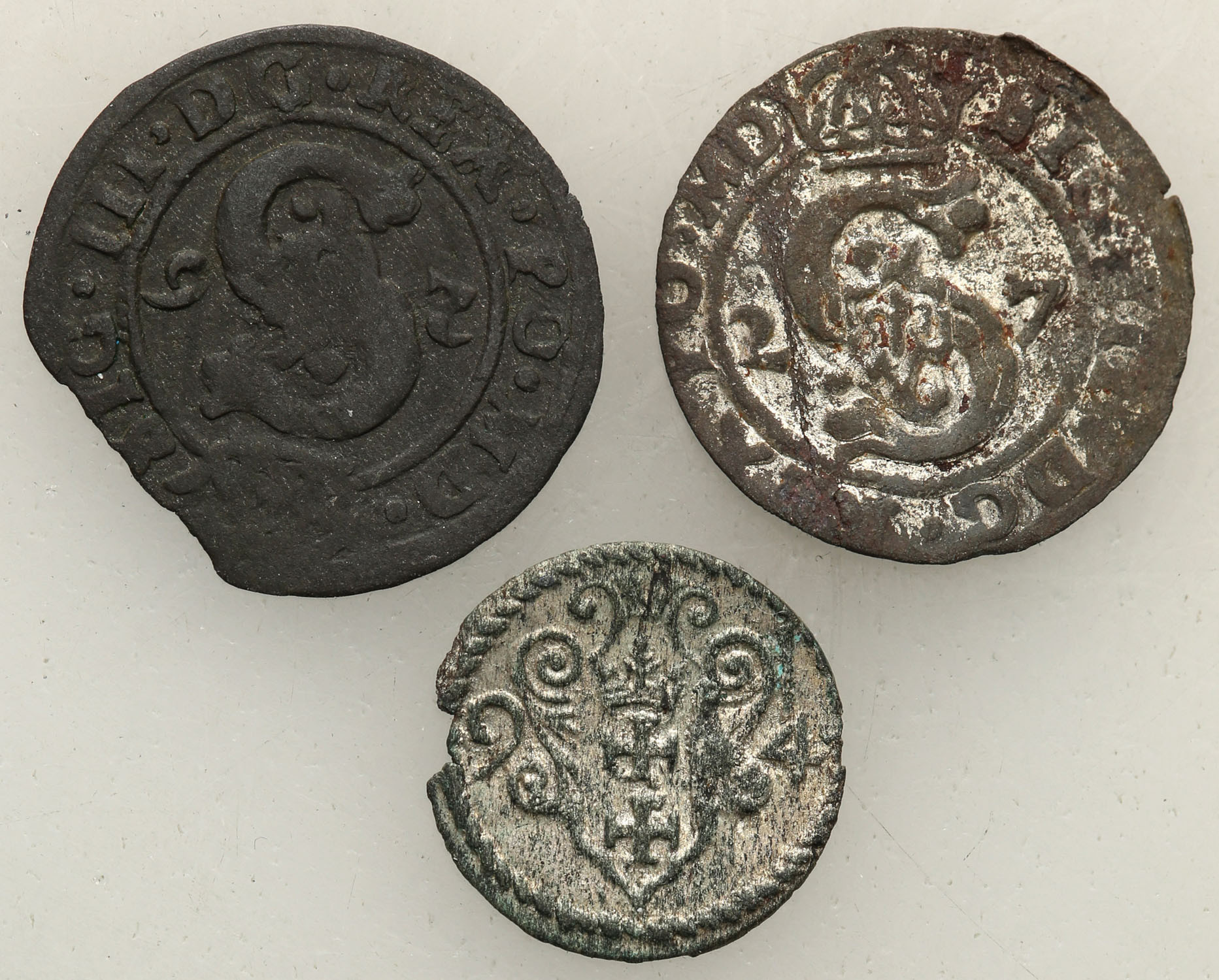 Zygmunt III Waza. Trzeciak 1626, 1627, Poznań i denar 1594, Gdańsk, zestaw 3 monet